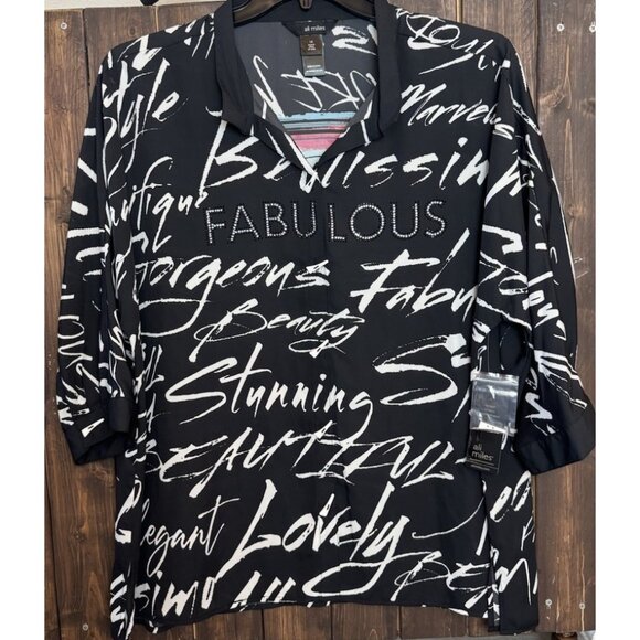 Ali Miles 1X Embellished Fabulous Wire Collar 3/4 Sleeve Button Front Tunic NEW - Picture 2 of 13